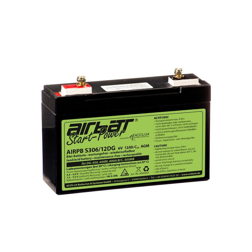 AIRBATT Startpower AIRPB S306/DG 6V 12Ah AGM-Starterbatterie für DG-400, DG-505MB, DG-600M &amp; DG-800A/B/C