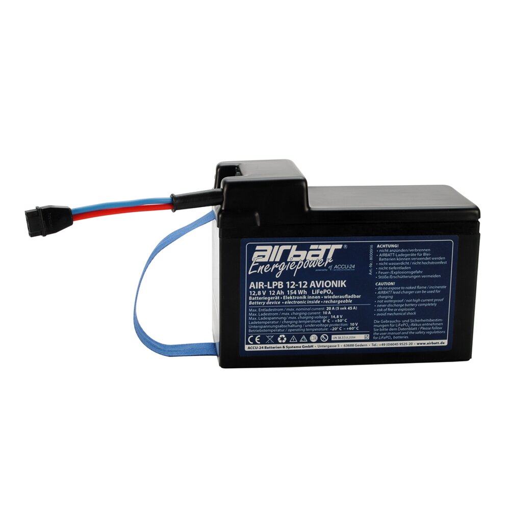 AIRBATT Energiepower AIR-LPB 12-12 AS33-A 12,8V 12Ah LiFePO4-Avionikbatterie für Schleicher AS 33 mit stirnseitig MPX-Kupplung 2,5mm² &amp; Trageschlaufe