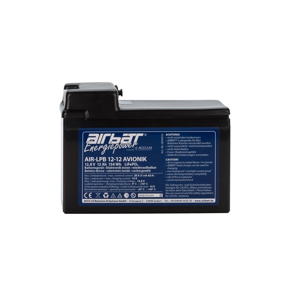 AIRBATT Energiepower AIR-LPB 12-12 AVIONIK 12,8V 12Ah LiFePO4 Avionikbatterie Polabdeckung mit 10A-Sicherungsautomat und Tyco-Anschluss (Stecker) stirnseitig