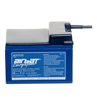 AIRBATT Energiepower LiFePO4 AIR-LFP 12-15 12,8V 15Ah Versorgungsbatterie  Polabdeckung mit 10A-Sicherungsautomat und Kabel stirnseitig
